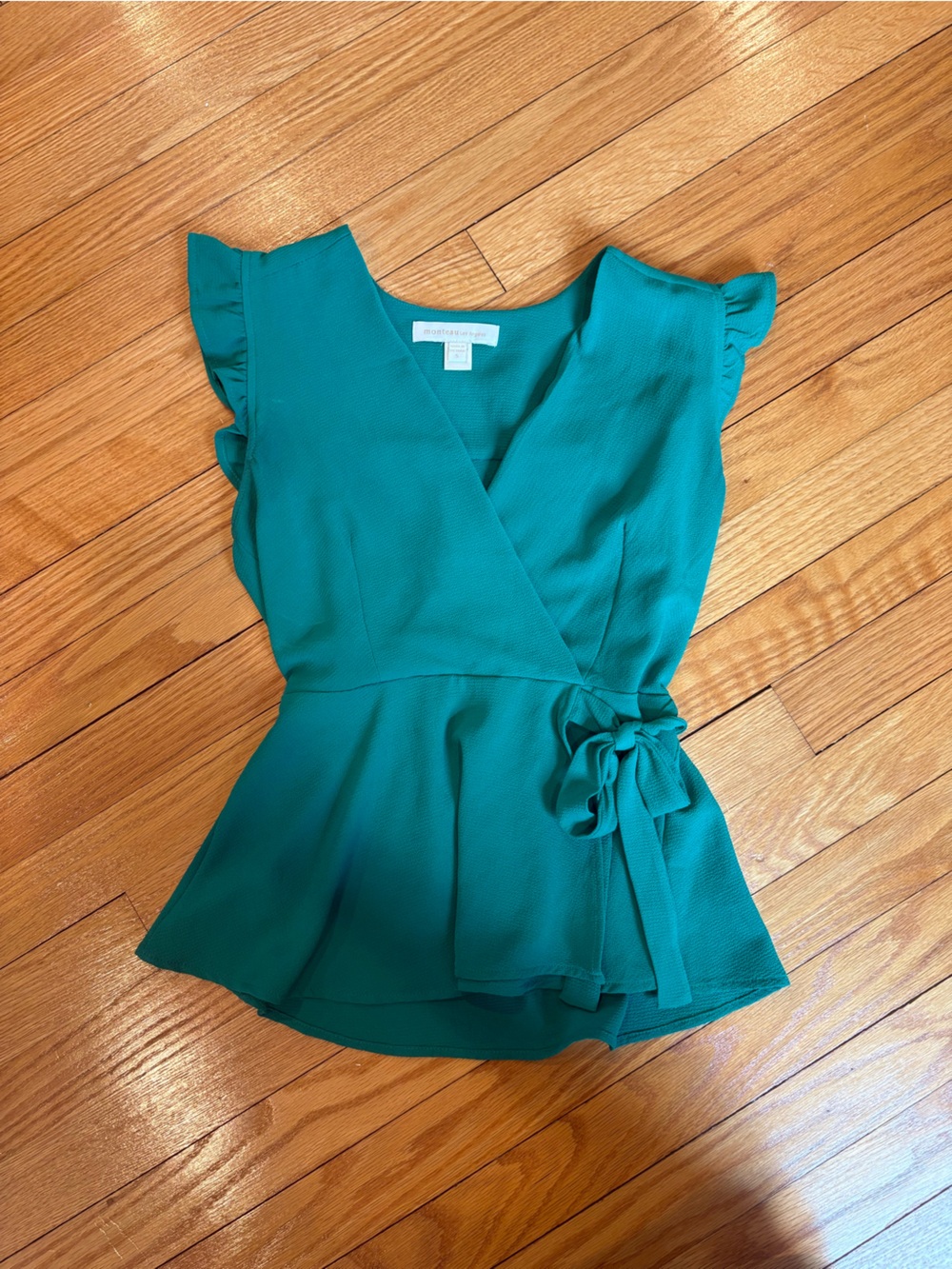 Monteau Teal Wrap Peplum Tie Blouse